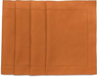 Hemstitch Cotton Linen Placemats - 14 x 19 Inch, Set of 4 - Natural Fabric Machine Washable Placemats - Handcrafted with Mitered Corners - Pumpkin Spice