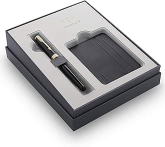 Parker Sonnet Fountain Pen Gift Set | Gloss Black Gold Trim Pen with Card Holder | Elegant Gift Box