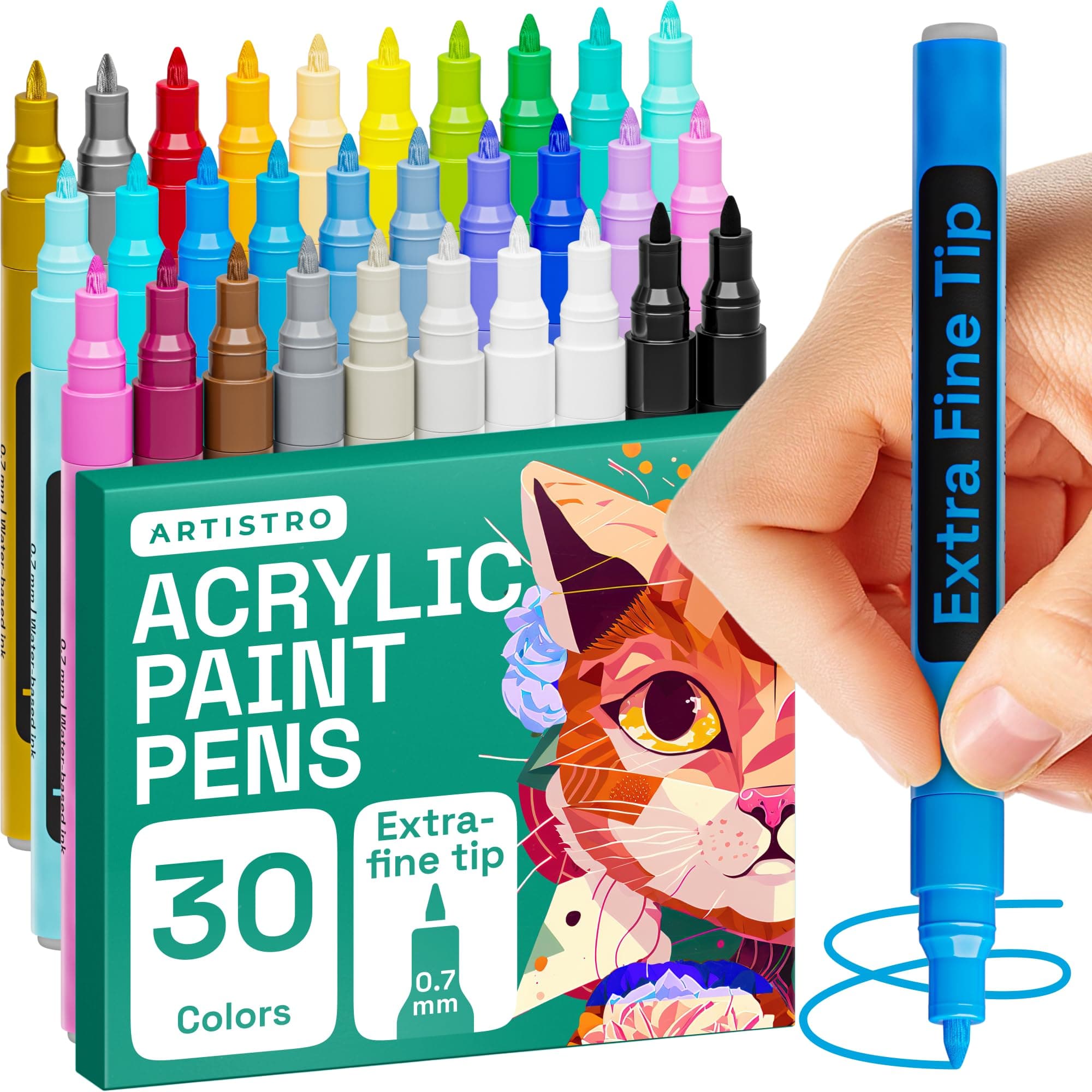 ARTISTRO 30 Acrylic Paint Pens for Calligraphy – Markers With Extra Fine Precision Tips – Multisurface Painting for Fabric, Rock, Glass, Wood & More