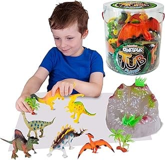 Tub Playset - Dinosaurs from Deluxebase. 12 Piece Educational Animal Toy Playset for Kids. Reusable Tub with 9 Dino Toys Includes with T-Rex, Stegosaurus, Pterodactyl, and Jurassic Accessories