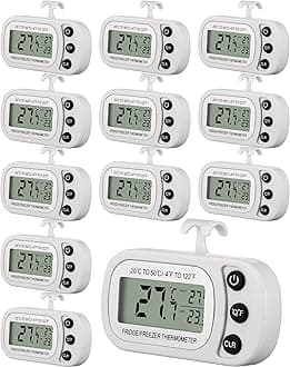 Frienda 12 Pcs White Digital Fridge Thermometer Waterproof Refrigerator and Freezer Max/min Record Function LCD Screen Refrigerator Thermometer with Hook and Magnetic Back for Home (Button)