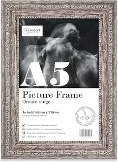 Almost Frameless A5 Walnut Ornate Picture Frame Fits A5 (14.8 x 21cm - 5.8 x 8.3in) Poster, Photo, Artwork, or Print. Antique Style Portrait and Landscape Display with Wall Hooks