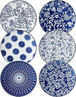 Ceramic Dessert Plates Set - 6 Inch Mini Appetizer Plates for Kitchen - Small Salad Plate for Cake Snacks Side Dish, Microwave Dishwasher Safe, Gift, Vintage Blue