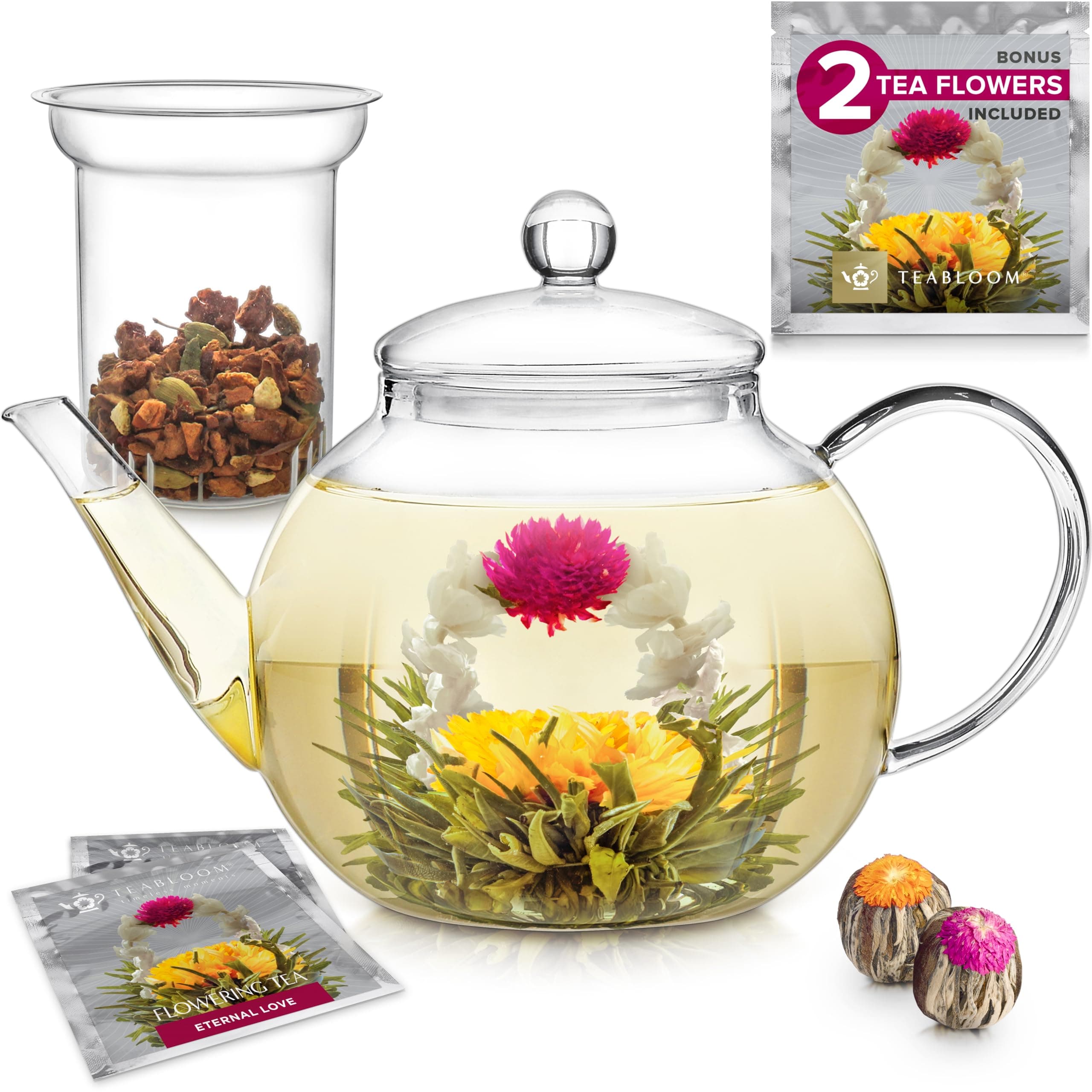 Stovetop & Microwave Safe Glass Teapot with Removable Loose Tea Glass Infuser – Includes 2 Blooming Teas – 2-in-1 Tea Kettle and Tea Maker – Tea Purist's Choice