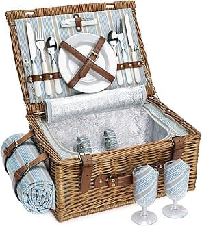 Picnic Basket Set for 2 Persons, Willow Hamper with Large Insulated Cooler Compartment, Waterproof Blanket and Cutlery Service Kit-Classical Brown