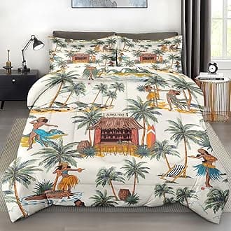 Comforter Set Queen Size, Summer Tropical Hawaii Soft 3 Pcs Bedding for Kids and Adults, Beach Hawaiian Palm Tree Leaf Comforter Set with 2 Pillowcases, for Bedroom Bed Decor
