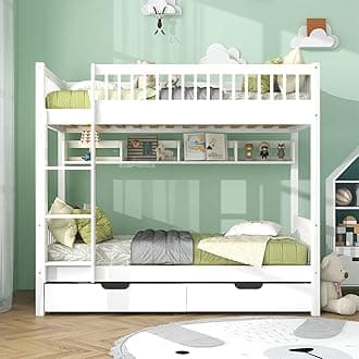 Children's Cabin Bed Frame Twin Loft Bed Bunk Bed - Retractable Pullout Bed for Kids (White)