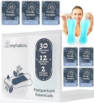 myhalos 44pcs Witch Hazel Wipes & Perineal Ice Packs Postpartum Care Kit - 30 Alcohol-Free Witch Hazel Pads & 2 Hot/Cold Ice Packs