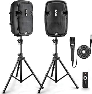 Pyle Powered PA Speaker System Active & Passive Bluetooth Loudspeakers Kit with 8 Inch Speakers, Wired Microphone, MP3/USB/SD/AUX Readers, Speaker Stands,Remote Control - Pyle PPHP849KT Black