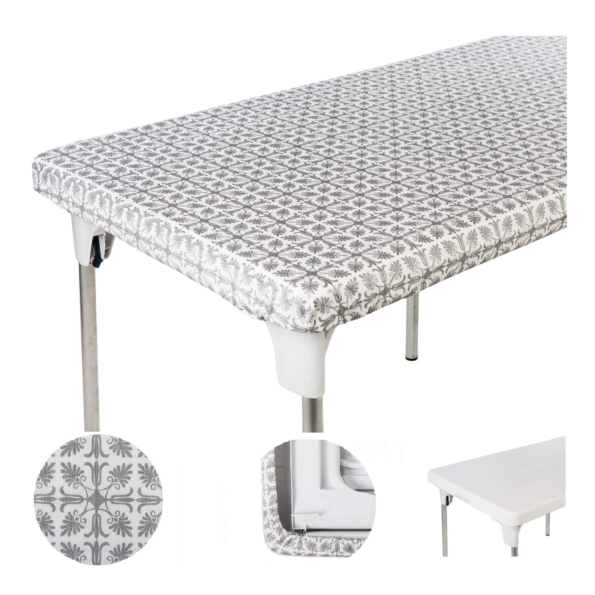 TopTableClothTable Cover Silver Patterned Elastic on The Corner for Folding Table 6 ft 30 x 72 inch Waterproof Elastic Edge Fitted Stay Put Table Cloth for Travel Christmas Picnics Parties Outdoor