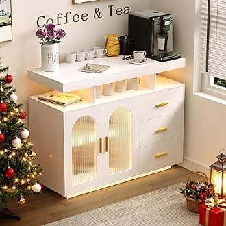 Sideboard Buffet Cabinet with Charging Station, Coffee Bar Table with RGB LED Light, Auto-Sensor Design, Bar Cabinet with Storage with 3 Drawers and 2 Doors for Kitchen, Dinning(White)