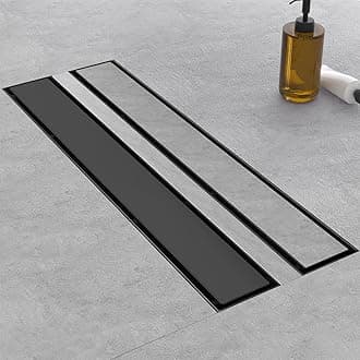 Linear Shower Drain, 24 Inch Matte Black 304 Stainless Steel Shower Drain with Tile Insert Panels, Long Rectangle Shower Floor Drain with Adjustable Feet, Hair Catcher, Fits Bathroom, Balcony