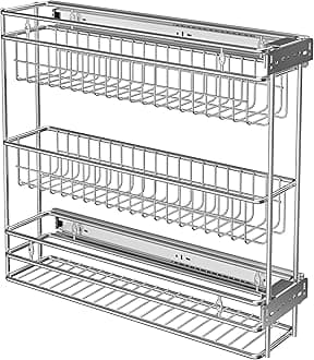 Narrow Pull Out Cabinet Organizer(4⅜" W x 18⅛" D),Pull Out Spice Rack, 3-Tier Side Mount Slide Out Spice Rack for Narrow Cabinet