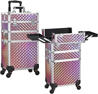 FRENESSA 3 in 1 Rolling Makeup Train Case Professional Cosmetic Trolley Large Storage for Beauticians, Hairstylists, Nail Tech Students with Swivel Wheels Salon Barber Case Traveling Cart Trunk, Pink