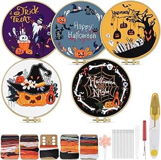 TINDTOP Halloween Embroidery Kit for Adult, 5 Pack Embroidery DIY Starter Kit, with Stamped Patterns, Hoop, Tools, Colorful Threads with Needles, Instructions