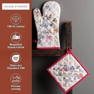 Maison d' Hermine 100% Cotton Oven Mitt & Pot Holder Set (19 x 33 cm & 20 x 20 cm) Heat Resistant BBQ Cooking Gloves with Loop for Christmas Decorations Baking Handling Hot Pans (Equinoxe - Beige)