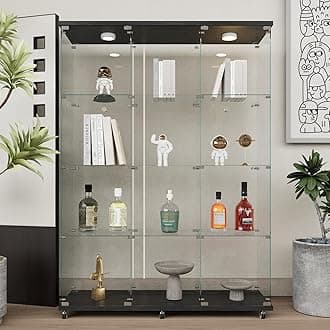 Beauty4U Glass Display Cabinet with LED Lights, Extra Large 3 Columns 2 Doors Curio Cabinets with 12 Shelves for Living Room, Bedroom, Office, Black Floor Standing DIY Glass Bookshelf