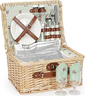 Wicker Picnic Basket for 2 Person, Willow Hamper Basket Sets with Insulated Compartment, Handmade 2 Person Picnic Basket for Camping - Flower