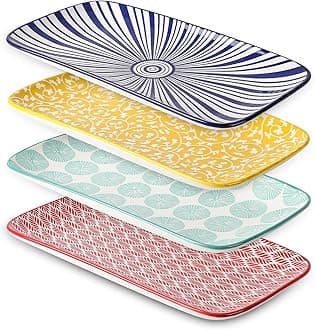 Ceramic Rectangular Salad Plates Set, Dinner Plate 9.4 Inch Dessert Plates for Party Entertaining, Small Serving Plates for Appetizers, Sushi, Fruit, Set of 4, Assorted Colors