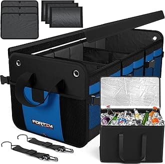 FORTEM SUV Trunk Organizer with Cooler, Car Organizer, Collapsible Multi-Compartment Storage Bag for Car Accessories for Women, Non Slip Bottom, Adjustable Straps, Soft Cover 90L (Extra Large, Blue)
