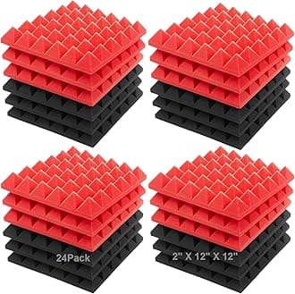 JBER Acoustic Sound Foam Panels, 24 Pack 5 X 30 X 30cm/2" X 12" X 12" Red and Black Soundproofing Treatment Studio Wall Padding Sound Absorbing Fireproof Pyramid Acoustic Treatment