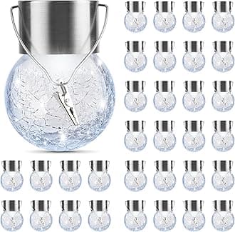 PARTPHONER 32 Pack Hanging Solar Lights Outdoor, Waterproof Solar Globe Lantern with Handle and Clip, Decorative Cracked Glass Ball Lights for Christmas Decor, Tree, Yard, Garden, Patio (Cold White)