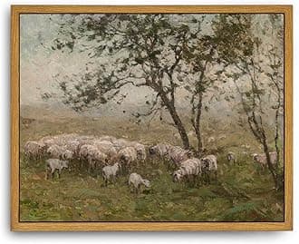 Roslynity Framed Canvas Wall Art Vintage Print Oil Painting Sheep Farm Meadow Pasture Landscape Country Animal Retro Aesthetic Artwork for Home Living Room Bathroom Nursery Wall Decor (8"x10")