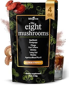 KIKI Green 8 Mushrooms Powder Extract - 4 oz Adaptogenic Complex for Coffee and Smoothies - Lion's Mane, Chaga, Reishi, Cordyceps, Maitake, Shiitake - Focus and Energy