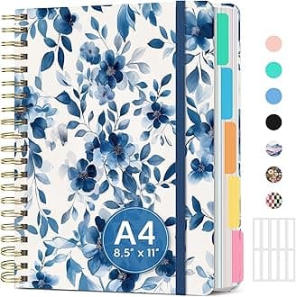Large Spiral Lined Notebooks for Work with Removable Dividers & Tabs, 8.5"x11" Pretty Hardcover 5 Subject Notebook Journal for Women, College Ruled, Perfect for Study & Office Organization, 280 Pages,Blue Blooms