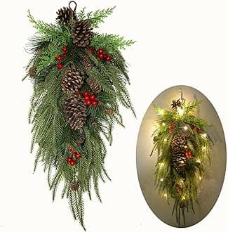 2025 Upgraded 27.6inch Prelit Christmas Teardrop Swag Norfolk Pine Swags Christmas Wreaths with Lights Greenery Stairway Swags Staircase Decorations for Door Indoor Outdoor Home Hanging Decor