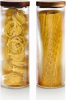 Ribbed Glass Canisters or Spaghetti Jars with Airtight Wood Lid- Tall Storage Containers for Pasta, Cereal or Flour -Ideal for Kitchen/Pantry Organization - 60 fl.oz, Set of 2