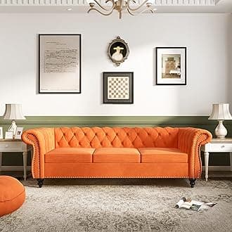 ORRD Chesterfield Sofa Velvet, Modern Tufted Couch 3 Seater with Rolled Arms and Nailhead for Living Room, Bedroom, Office, Apartment (Orange)