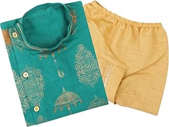 superminis Boy's Golden Foil Printed Side Open Cotton Kurta, Round Collar, Full Sleeves With Cream Color Dhoti Clothing Set