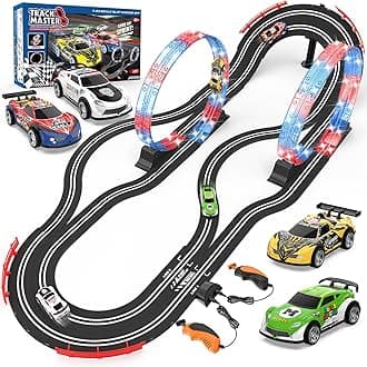 Slot Car Race Track Sets with 4 Slot Cars, 2 in 1 Electric Race Car Track Include Slope Circular Overpass Track, Dual Racing Game Featuring Flash Tracks, Gifts Toys for Boys Kids Age 6 7 8-12