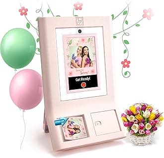 HP Sprocket Photo Booth Machine Instant Color Photo Printer - 10.1" Touchscreen Photobooth, LED Ring Light - Customize w/ 250+ Frames, Prints on 3x4 Zink Paper or Share via QR Code, Mobile App - Pink