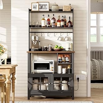 ChooChoo Farmhouse Coffee Bar Cabinet with Storage, Bakers Rack with Power Outlets, Microwave Stand Kitchen Cabinet with Hutch and 6 Hooks, Black