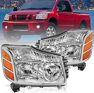 Bingbingmotor Headlight Assembly Compatible with 2004-2015 Nissan Titan / 2005-2007 Armada Left and Right Side Chrome Housing with Amber Reflector Headlamps