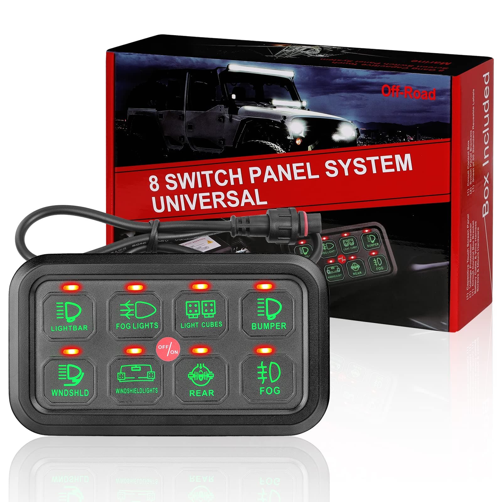 YCHOW-TECH 8 Gang Switch Panel, Universal Electronic Circuit Control Relay System with Green Backlit ON-Off Button for Truck Offroad Powersport UTV