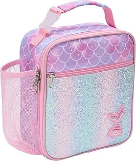 Bagseri Kids Lunch Box for Girls - Insulated Toddler Lunch Bag Fits Bento Box, Reusable Daycare Cooler Tote with Clip Handle, Water-Resistant Lining, Glitter Pink Mermaid