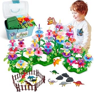 Toddlers Pretend Play-Dinosaur Flower Garden Building Toys 167 PCS,Educational Learning Fine Motor Skill Stacking Games Activities, Birthday Valentines Gifts for 2 3 4 5 Years old Preschool Boys Girls