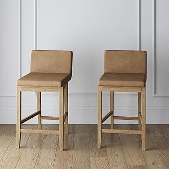 Gracie Modern Counter Height Bar Stool with Back, Counter Stool Upholstered Chair with PU Leather and Brushed Wooden Legs, Light Brown, Set of 2