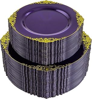 Joyido 102PCS Purple and Gold Plastic Plates - High End Purple Disposable Plate - Vintage Party Dinner & Dessert Plates for 51 Guests Wedding & Halloween Party