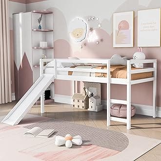 Bellemave Low Loft Bed with Slide,Wood Twin Size Loft Bed for Kids,Wood Low Loft Bed Frame with Climbing Ladder & Safety Guard Rail.(White)