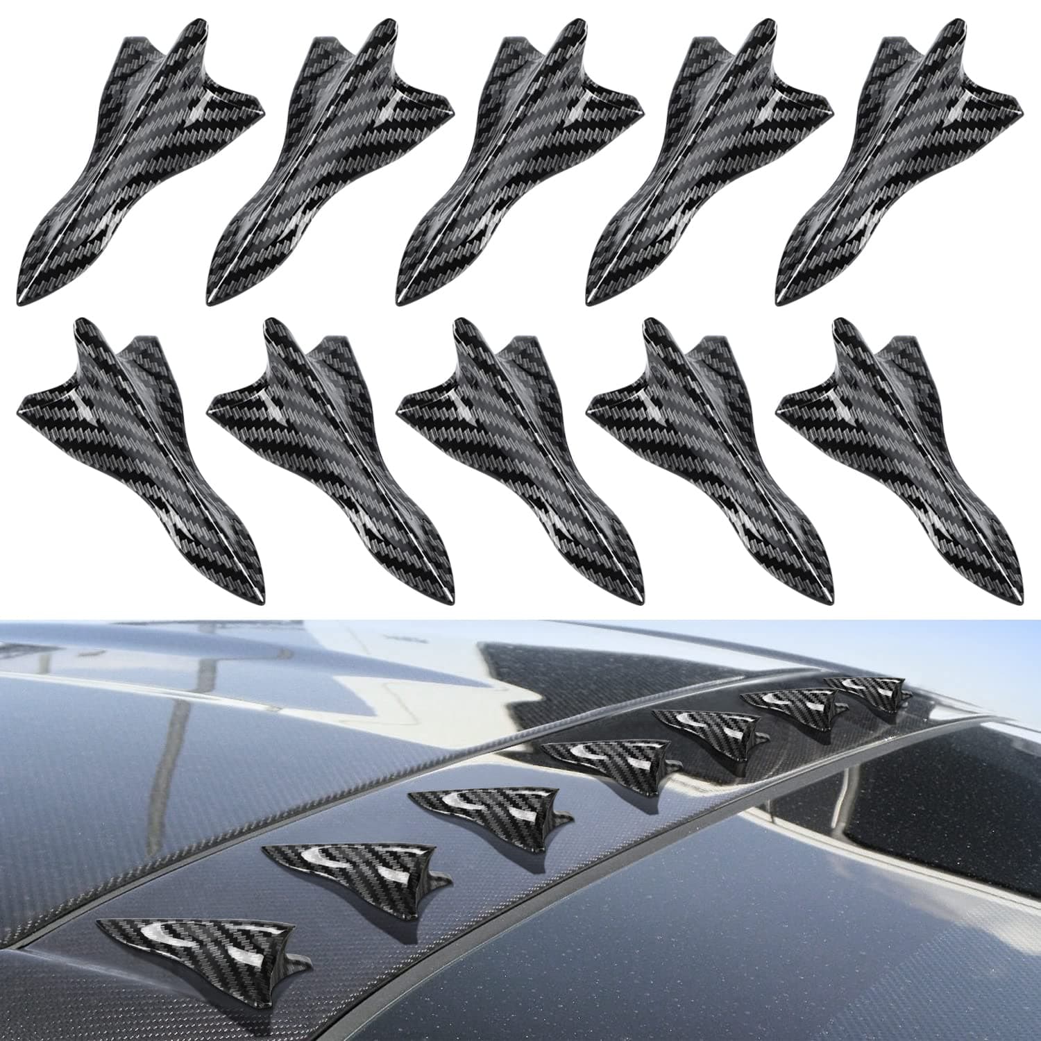 Ouzorp 10Pcs Air Vortex Generator Carbon Fiber Pattern Diffuser Shark Fin Set Kit Compatible with Spoiler Roof Wing Pointed