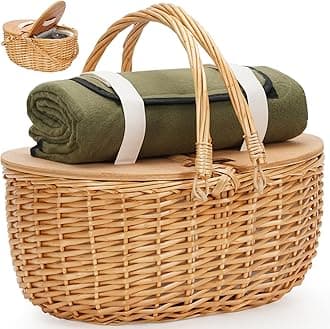 ZORMY 15" Cooler Picnic Basket with Blanket, Wooden Split Lid Picnic Basket, Vintage-Style Wicker Picnic Hamper with Folding Woven Handle for Picnic, Camping