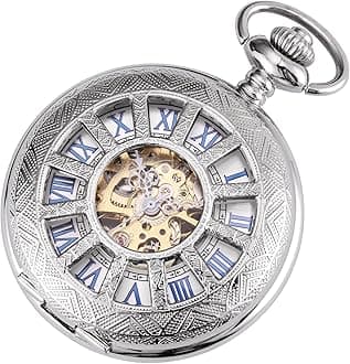 SIBOSUN Skeleton Pocket Watch Special 12 Little Window Case Design Men Silver Mechanical with Chain Box