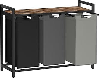 VASAGLE Laundry Hamper, Laundry Basket, Laundry Sorter with 3 Pull-Out and Removable Bags, Shelf, Metal Frame, 3 x 10.6 Gallons (40 L), 36.4 x 13 x 28.4 Inches, Tricolor and Rustic Brown UBLH301X01