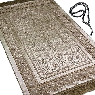 Velvet Prayer Rug with Prayer Beads Turkish Janamaz Sajadah Floral Stamp Luxury Plush (Mink)