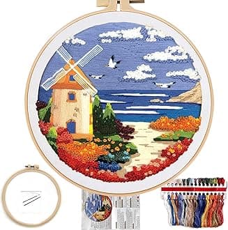 FONNUY Embroidery Kit for Beginners, Boho Nature Landscape Pre-Stamped Pattern Kits for Adults with Hoop, Easy to Follow Color Thread Needlework, 8'' Hoop (Beach House)