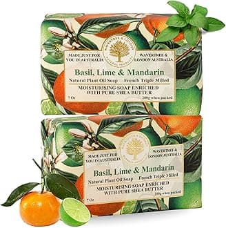 Wavertree & London Basil Lime & Mandarin Scented Natural Soap (2 Bars), 7oz Moisturizing French Triple Milled Soap Bars enriched with shea butter - Pure Plant Based Bath & Body Bars for All Skin Types